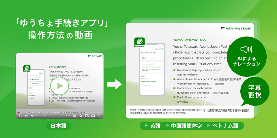 「ゆうちょ手続きアプリ」案内動画の字幕翻訳・外国語AIナレーション制作